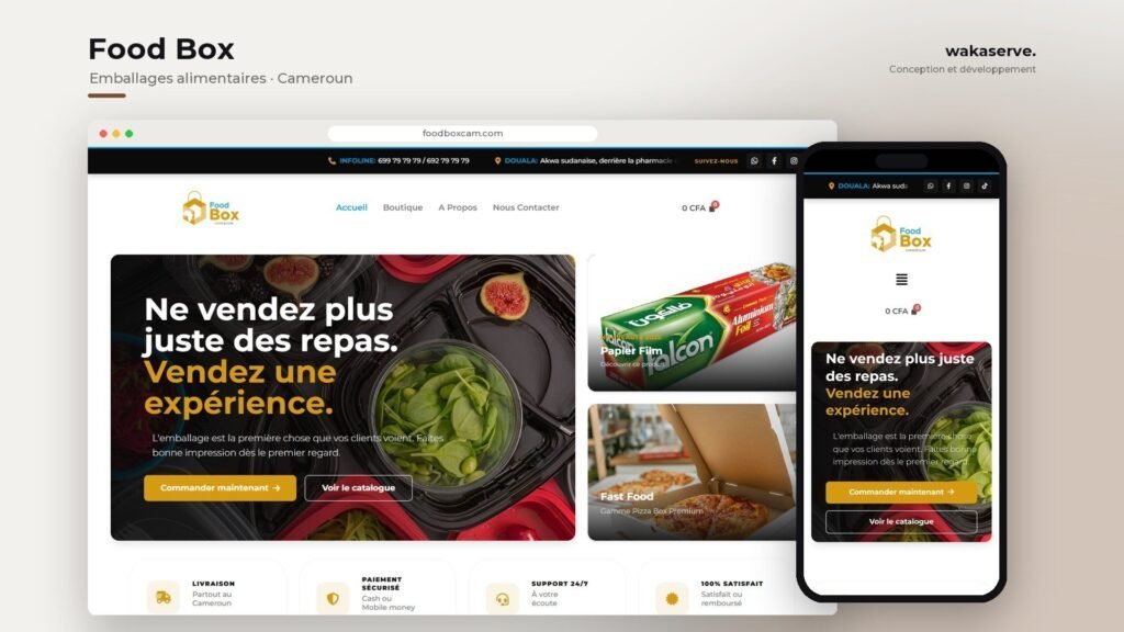 Boutique en ligne de FoodBox Cameroun, emballages alimentaires à Douala, réalisée par Wakaserve