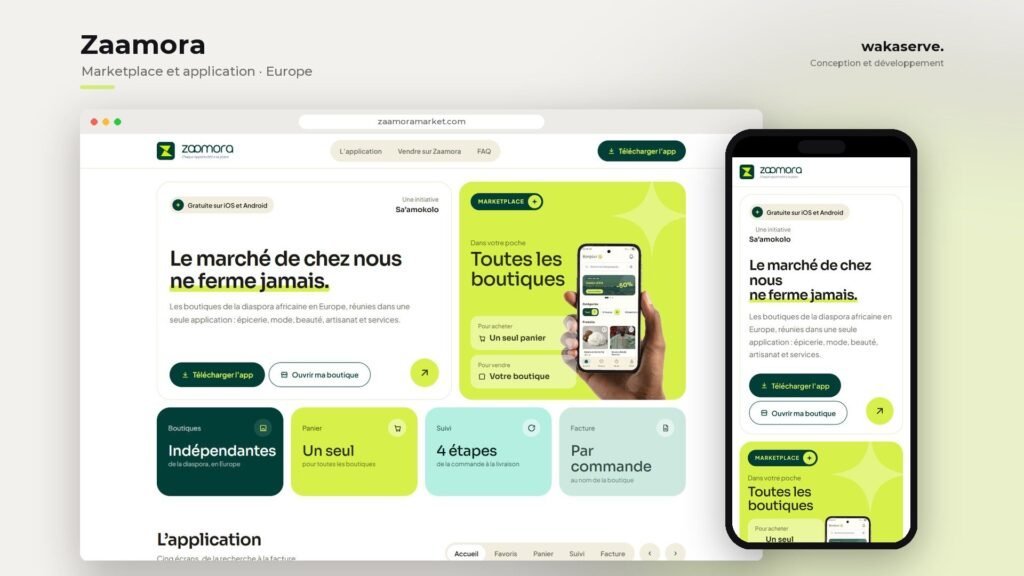 Site de lancement de Zaamora, marketplace de la diaspora africaine, réalisé par Wakaserve