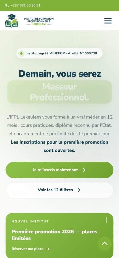 Site Institut de Formation Professionnelle Lekeulem (IFPL), version mobile (réalisation Wakaserve)