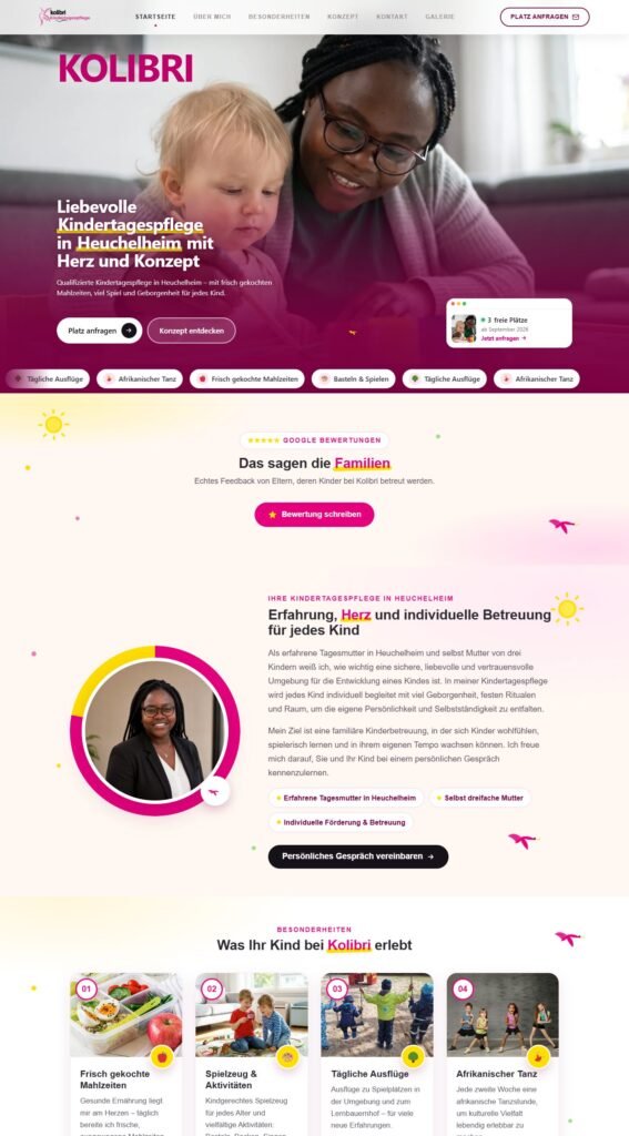 Site Kindertagespflege Kolibri, page complète (réalisation Wakaserve)