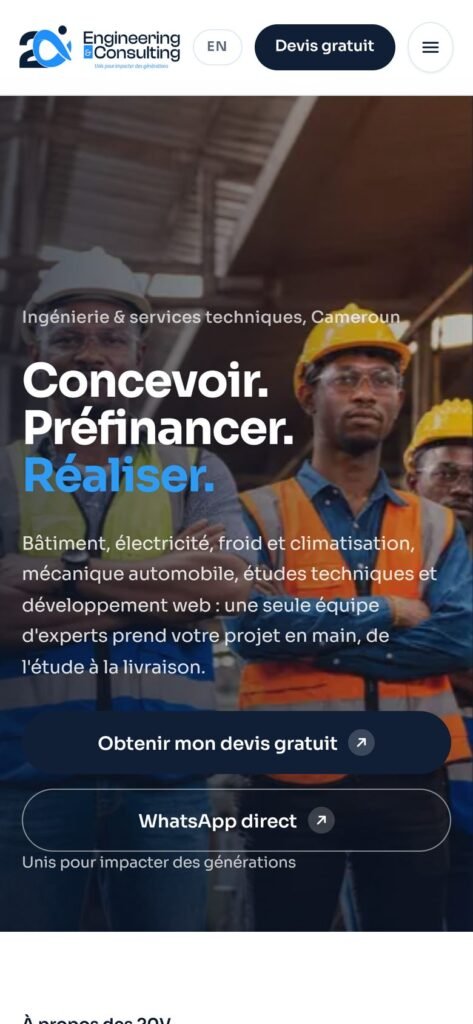 Site Les 20V Engineering & Consulting, version mobile (réalisation Wakaserve)