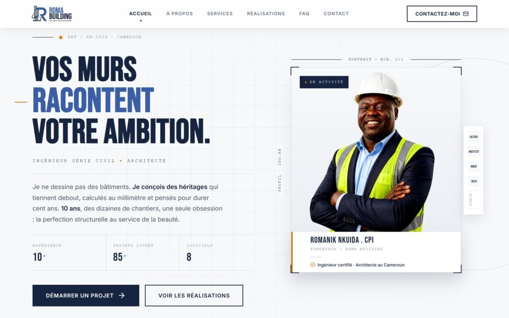 Site Roma Building, page d'accueil sur ordinateur (réalisation Wakaserve)