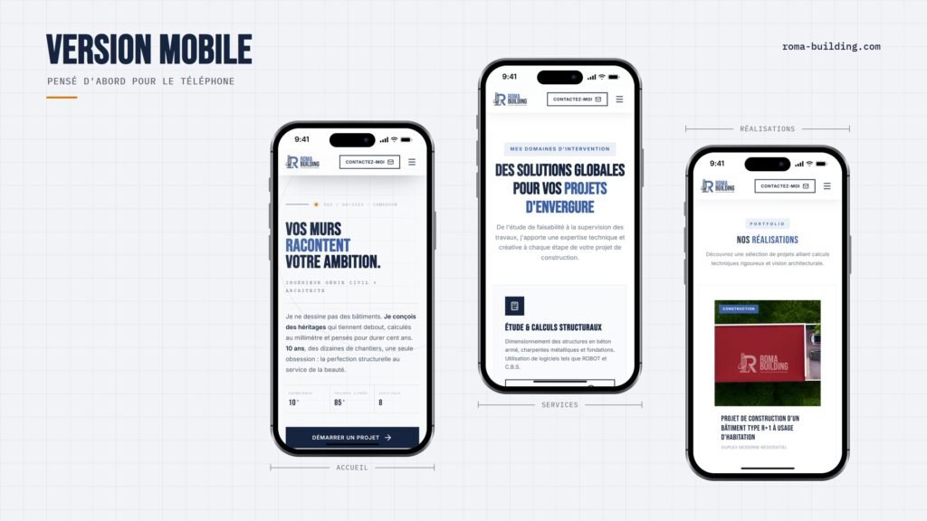 Site Roma Building, trois écrans sur téléphone : accueil, services, réalisations (réalisation Wakaserve)
